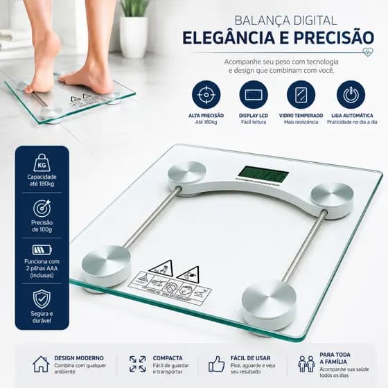 Balança Digital Corporal Vidro Temperado até 180kg LCD Alta Precisão Banheiro Academia Fitness