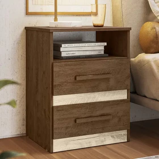Mesa Mesinha de Cabeceira para Quarto com 2 Gavetas Apolo Castanho Flex Avelã Off White Moval