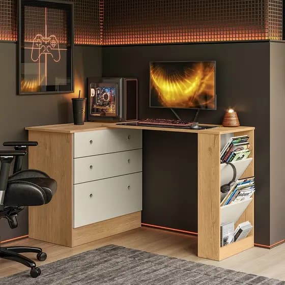 Cômoda com Mesa Giratória Gamer Freijó Off White Qmovi