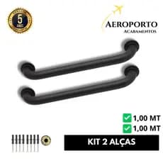 Kit 2 Alças de Apoio Corrimão 1 Metro Alumínio Preto Fosco – Pcd, Gestante e Idoso