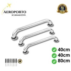 Kit 3 Alças de Apoio em Alumínio Cromado – 2 de 40cm + 1 de 80cm | Segurança PCD, Idoso e Gestante