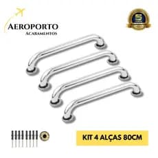 Kit 4 Barras de Apoio Alumínio 80cm Banheiro Corrimão Segurança Idosos PCD Antiderrapante