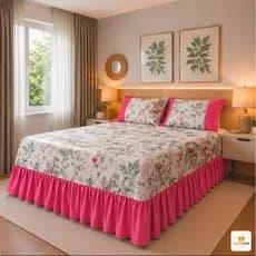 Colcha  Cobre Leito Cama Casal Estampada Floral de Oxford Com Babado e  Com Porta Travesseiros Fronhas