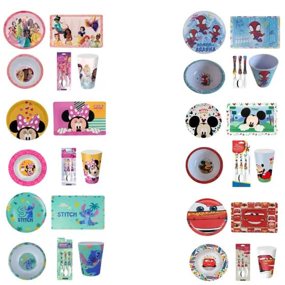 Kit Infantil Personagens 5 Peças | Prato Raso, Bowl, Talheres, Copo e Jogo Americano