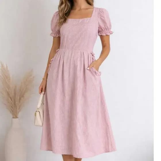 Vestido Midi De Crepinho Evangélico Elegante Com Manga Bufante Premium 2026 Inverno