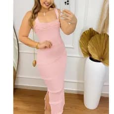 Vestido Feminino Longo Liso Detalhes em Nervuras e Alça  com Fenda Modal Tricô Modal Premium