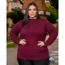 Blusa Frio Feminina Plus Size Tricot Gola Redonda Alta Simples Detalhe Geométrico Tricô Moda Inverno