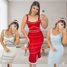 Vestido mídi Rendado Listrado Com Forro Moda Verão Tendencia Zero Transparência Fio Modal