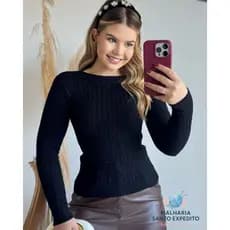 Blusa Feminina Tricot Manga Longa  Básica De Frio Detalhe Trançado Tricô Casual Moda Inverno