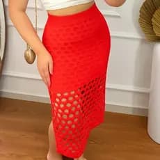 Saia Feminina Fio Modal Rendada Fenda na Lateral Cós com Elástico Forrada Mídi Verão Tricot