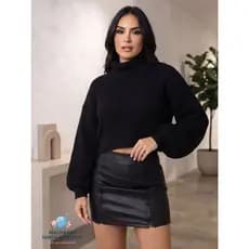 Blusa Cropeed Feminino Tricot Manga Longa Elegante Gola Alta Canelado Tricô Moda Inverno