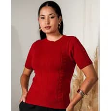 Blusa Feminina Tricot Gola Rendonda Básica Camiseta Manga Curta Tricô Moda Verão Casual