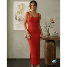 Vestido Longo Feminino Tricot Liso Nervura Alças Largas Fenda Lateral Tricô Moda Verão