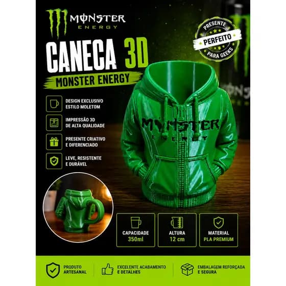 Caneca Monster Energy 3D Personalizada Com Alça Porta Lata Estilo Moletom