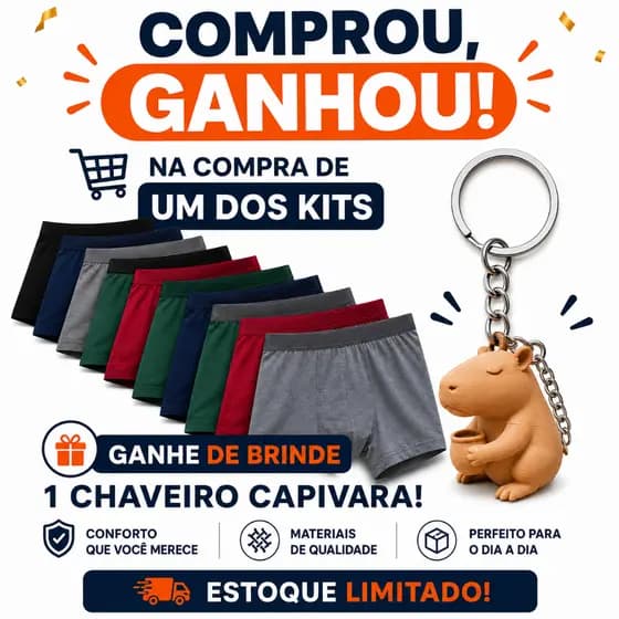 Kit Cuecas Boxer Masculina Confortável Com Chaveiro Da Capivara Grátis