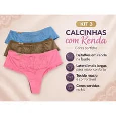Calcinhas Tanga de Renda Confortável Laterais Largas Kit 3