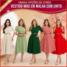 VESTIDO MIDI MALHA CREPE; MODA EVANGELICA ELEGANTE; ACINTURADO COM CINTO; CONGRESSO, CULTO; CRISTÃO.