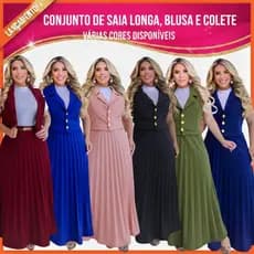 CONJUNTO: COLETE, SAIA LONGA PLISSADA, CINTO E CAMISETA  MODA EVANGELICA MODA CRISTÃ CONGRESSO CULTO