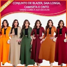 CONJUNTO FEMININO; BLAZER, SAIA LONGA, CAMISETA E CINTO; MODA EVANGÉLICA , SOCIAL, CONGRESSO , CULTO