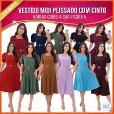 VESTIDO MIDI SAIA PLISSADA COM CINTO MANGA BUFANTE, MODA EVANGÉLICA CONGRESSO CULTO PLUSSIZE; CASUAL