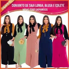 CONJUNTO ELEGANTE 3 PEÇAS: SAIA LONGA, COLETE E BLUSA MODA EVANGÉLICA CRISTÃ, CULTO CONGRESSO SOCIAL