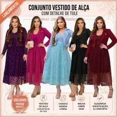 CONJUNTO CASACO MALHA CREPE + VESTIDO DE ALÇA COM DETALHE EM TOULE CASUAL; SOCIAL; EVANGELICO; CULTO
