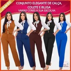 CONJUNTO FEMININO DE CALÇA, COLETE E BLUSA MANGA LONGA; MODA EVANGÉLICA, SOCIAL; CONGRESSO; CULTO;