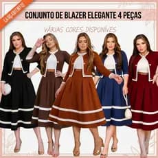 CONJUNTO FEMININO 4 PEÇAS: BLAZER, SAIA MIDI, CAMISETA E CINTO; P/ CONGRESSO, CULTO: MODA EVANGELICA