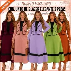 CONJUNTO FEMININO 3 PEÇAS: BLAZER MANGA LONGA, BLUSA INTERNA E SAIA LONGA CREPE DIOR MODA EVANGELICA