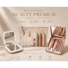 Kit Viagem Beauty Premium Espelho LED + Frascos + Kit Pincéis Luxo