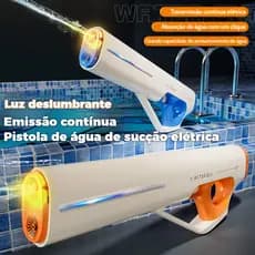 Pistola de água elétrica, aspersor autoescorvante, fundo azul com letras brancas