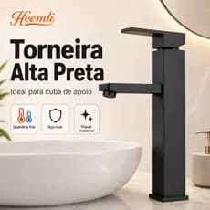 Heemli torneira banheiro inox monocomando Lavabo Saída Alta para Cuba Quadrado Pintura Preta Ajuste Água Quente Fria