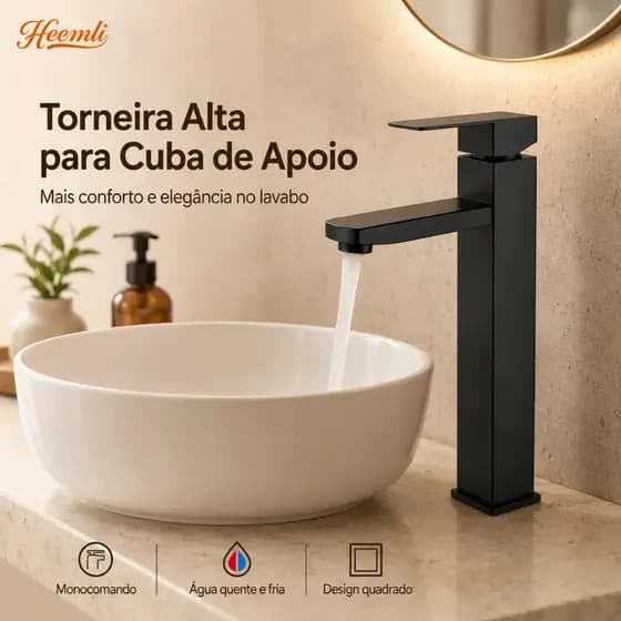 Torneira para Banheiro Heemli Alta Preta Inox Quente Fria Cuba Apoio