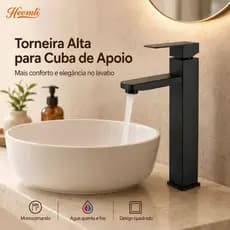 Torneira para Banheiro Heemli Alta Preta Inox Quente Fria Cuba Apoio