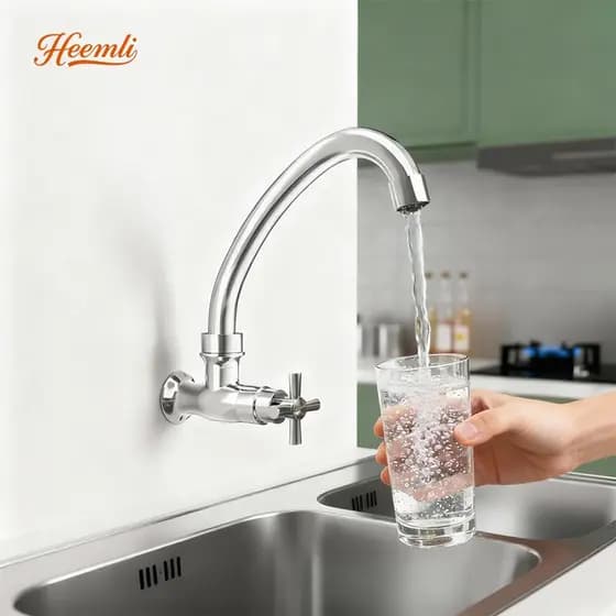 Heemli Torneira de Cozinha Monocomando para Parede com Tubo Curvo - Água Fria, ABS, Cromado e Aerador Economizador
