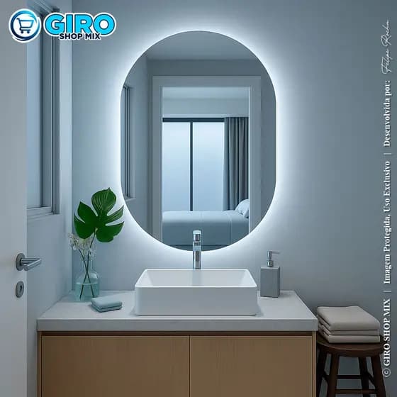 Espelho Oval Orgânico 40x50 cm | Opção com LED ou Sem | Espelho Decorativo para Banheiro Quarto Sala