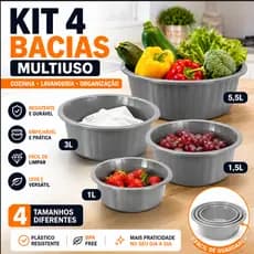 Kit 4 Bacias Multiuso Cozinha Lavanderia Plástico Resistente 5,5L 3L 1,5L