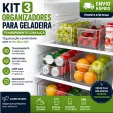 Kit 3 Organizadores Transparentes Para Geladeira Com Alça Multiuso Porta Latas Frutas Bebidas