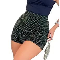 Short Feminino Neoprene Pedraria Strass Brilhoso Estiloso Confortável Festa Balada Noite Shine