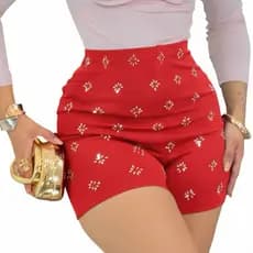 Short Feminino Neoprene Pedraria Strass Brilhoso Estiloso Confortável Festa Balada Noite Flor