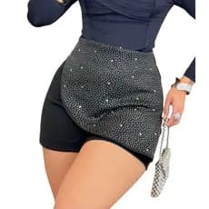 Short Saia Feminino Neoprene Pedraria Strass Brilhoso Estiloso Confortável Festa Balada Noite
