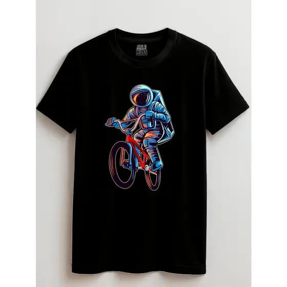 Camisa 100% Algodão Juvenil e Infantil 2 ao 16 anos Astronauta Bicicleta