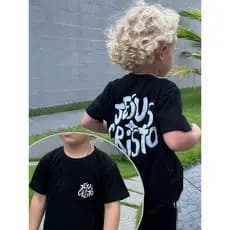 Camisa Gospel Unissex para Crianças de 2 a 16 anos Jesus Cristo 100% Algodão Penteado