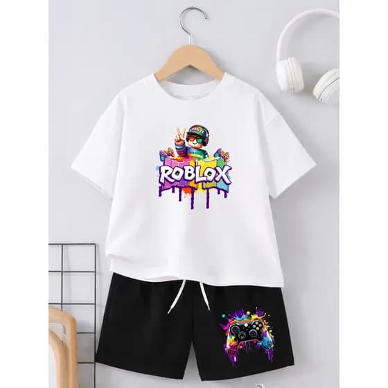 Conjunto Infantil Robloxx Roupa Criança Camiseta Shorts Unissex 100% Algodão Juvenil Estiloso