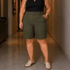 Bermuda Feminina Plus Size Social Com Cinto Fivela Bengaline Cintura Alta 42 ao 52