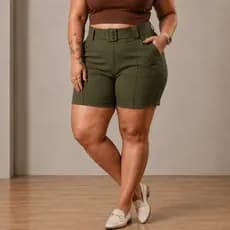 Shorts Plus Size Feminino Social Com Cinto Fivela Tecido Bengaline Cintura Alta 42 ao 52