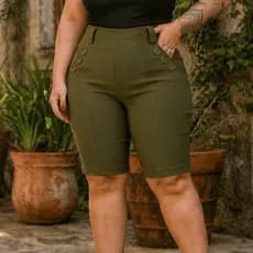 Bermuda Social Feminina Plus Size Com 6 Botões Tecido Bengaline Cintura Alta Alfaiataria 42 ao 52