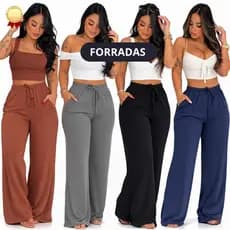 Calça Pantalona FORRADA DUNA Cintura Alta Feminina Tecido Fresco Com Bolso
