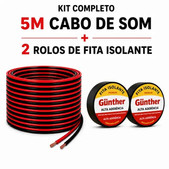 Kit Cabo Som Automotivo Bicolor Flexível 5M + 2 Fitas Isolantes Pretas