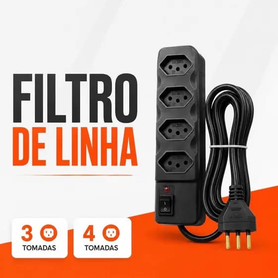 Filtro de Linha com 4 e 3 tomadas tripolar com fusível 10A 500W 3 pinos Bivolt